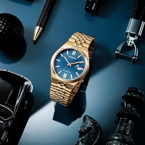 Detalle de Citizen Reloj automático Tsuyosa NK0023-57L con esfera azul y correa de acero oro rosa