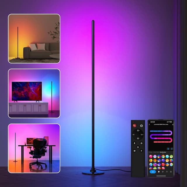 Detalle de Lanmonlily LED Corner Floor Lamp (Smart with Alexa, music sync, 16 million colours & 68 scenes) – Black