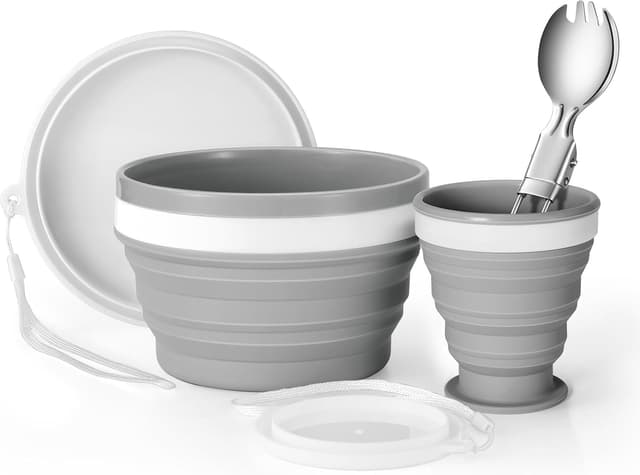 Detalle de Odoland set stoviglie da campeggio per 1 persona con ciotola pieghevole in silicone, tazza con coperchio e cucchiaio in acciaio