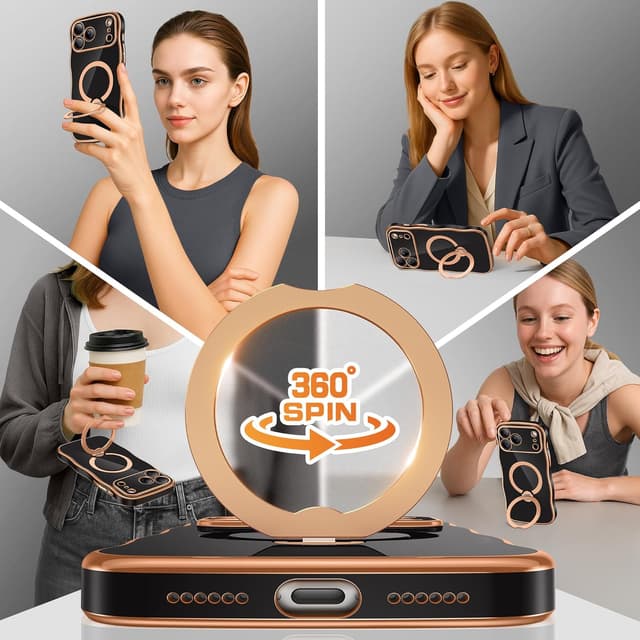 Detalle de GolbinBox Magnetic iPhone 17 Pro Max Case with 360° Spin Stand (MagSafe, Camera Protection, 18FT Drop Protection) - Black