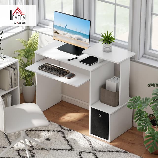 Detalle de HOMCOM Bureau informatique multimédia avec étagères, tablette et clavier – 100 x 40 x 86,6 cm, noir/blanc