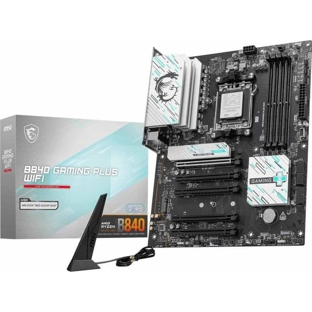 Detalle de MSI B840 GAMING PLUS WIFI (AMD B840, AM5, DDR5, ATX) con WiFi 7 y 2.5GbE