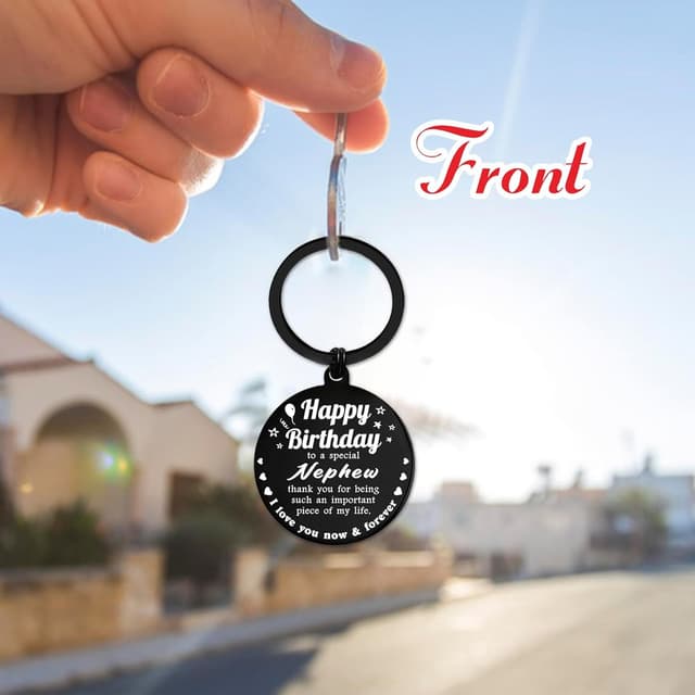 Detalle de ENGZHI Happy Birthday Nephew Stainless Steel Keyring – Metal Keychain Gift from Uncle or Auntie