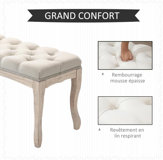 Detalle de HOMCOM banquette capitonnée en lin style classique chic, 110 cm, piètement en bois d’hévéa sculpté