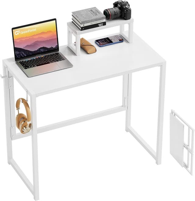 Detalle de GreenForest Folding Desk with Monitor Shelf (80cm) — white, small foldable computer desk for home office
