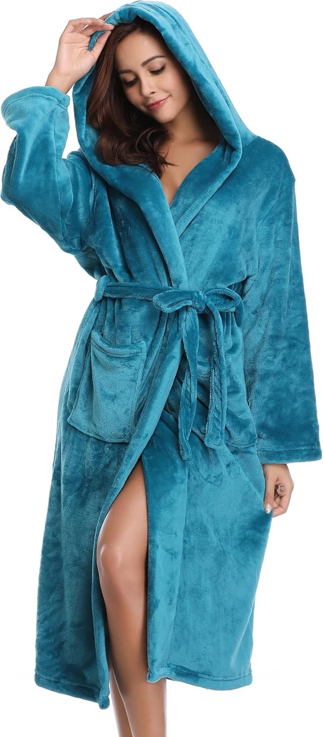 Detalle de Vlazom Robe de chambre polaire pour femme à capuche, peignoir en flanelle chaude et douce