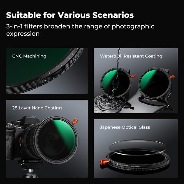 Detalle 2 de K&F CONCEPT 3-in-1 Variabler ND2–32 + CPL + Black Mist 1/4 Filter (95 mm) für Video & Porträts