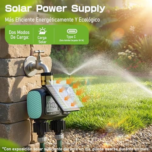 Detalle 2 de Programador de riego solar CyberOrd de 2 zonas con carga solar y modos automático/manual y retraso por lluvia