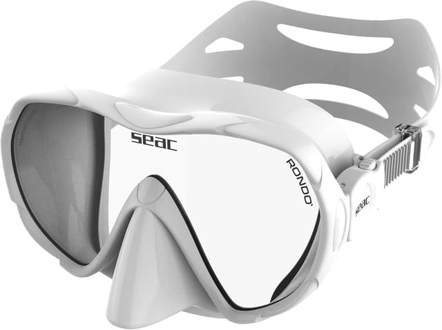 Detalle de SEAC Rondò : masque frameless en silicone et verre unique, volume réduit pour plongée et snorkeling