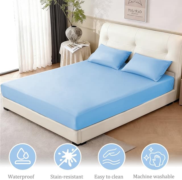Detalle 2 de DUJUIKE 100% wasserdichtes Spannbettlaken als Matratzenschoner Himmelblau (200 x 220 cm)