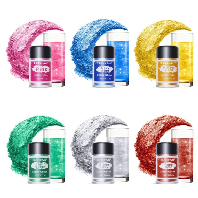 Detalle de Essbares Glitzer Set mit Lebensmittelfarben & 6 Glitzerpulver-Farben – für Drinks, Cocktails, Fondant & Schokolade