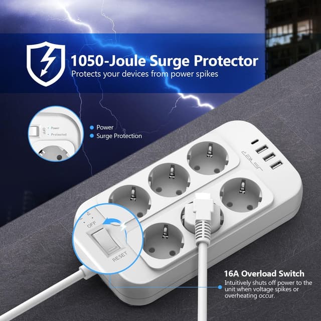 Detalle 2 de JSVER Steckdosenleiste 6‑fach mit USB‑C 3680W 🔌