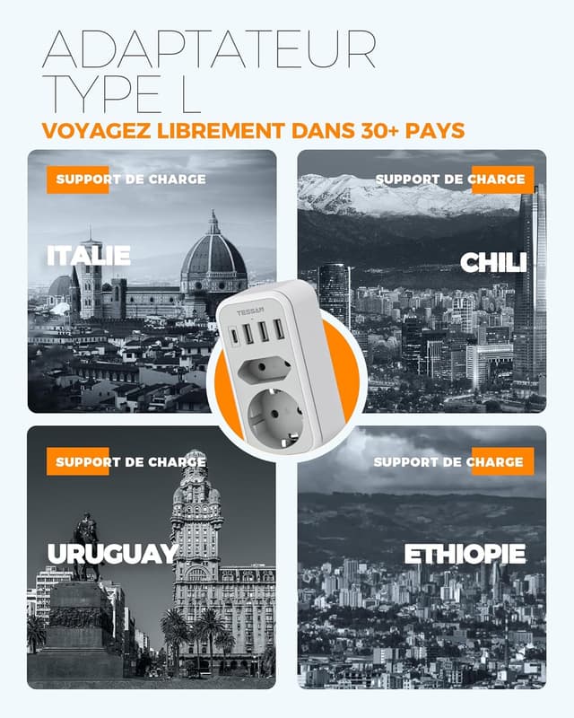 Detalle de TESSAN adaptateur prise italienne 6 en 1