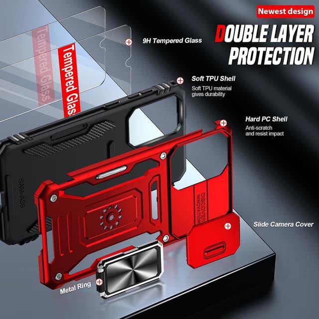 Detalle de LeYi tough armour phone case for Samsung Galaxy A17 4G/5G with slide camera lens cover, ring stand and tempered glass (Red)