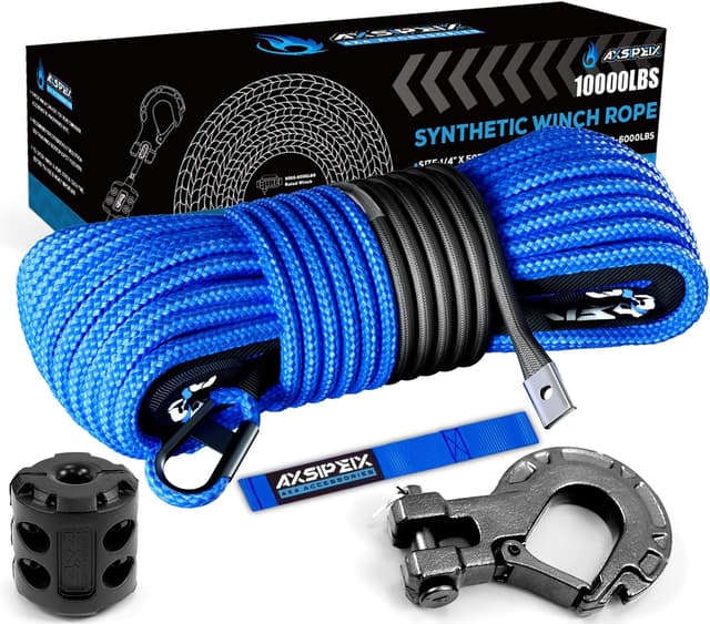 Detalle de Synthetic Winch Rope Kit (1/4 in x 50 ft) with 10,000 lb Break Strength, Blue UHMWPE Rope & Protective Sleeve