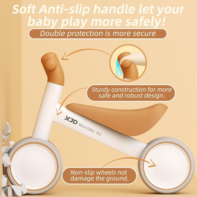 Detalle de XJD Baby Balance Bike for 10–24 Months (No-Pedals) – Brown toddler first ride-on