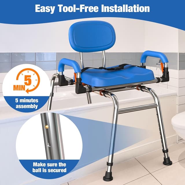 Thumbnail 6 de Chaise de douche pivotante 360° et coulissante pour baignoire, charge max 204 kg, hauteur réglable (bleu foncé)