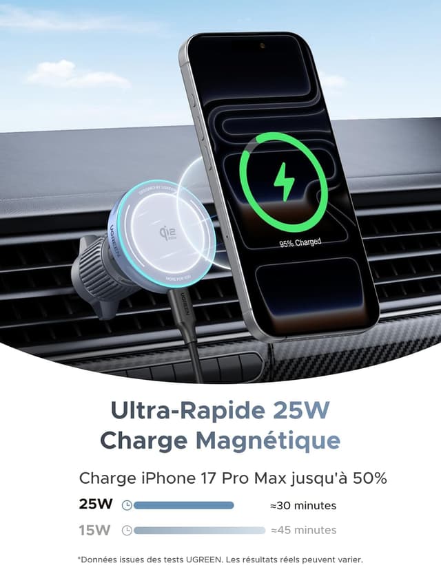 Thumbnail 1 de UGREEN MagFlow Qi2 25W Support voiture magnétique pour iPhone