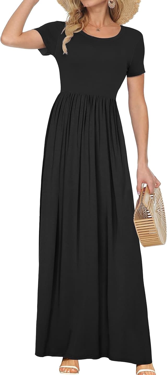 Detalle de AUSELILY Women's Classic Short Sleeve Loose Maxi Dress with Pockets (Jersey, Elastic Waist)