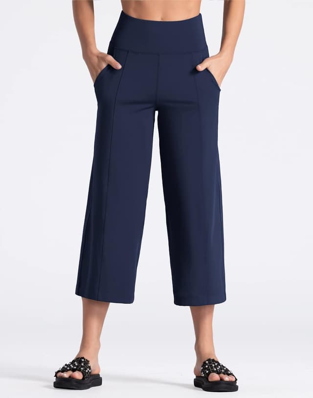 Detalle de THE GYM PEOPLE Women’s Yoga Capris 3/4 Wide-Leg Trousers with Pockets & Tummy Control