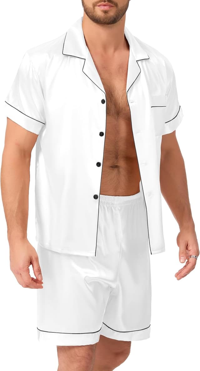 Thumbnail 6 de Pyjama satin homme court Lovasy : ensemble deux pièces chemise boutonnée et short respirant