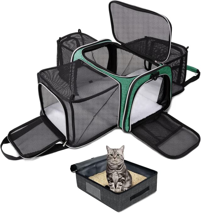 Detalle de BAGLHER Expandable Cat Carrier with Travel Litter Box (Green) – collapsible, leak-proof travel crate