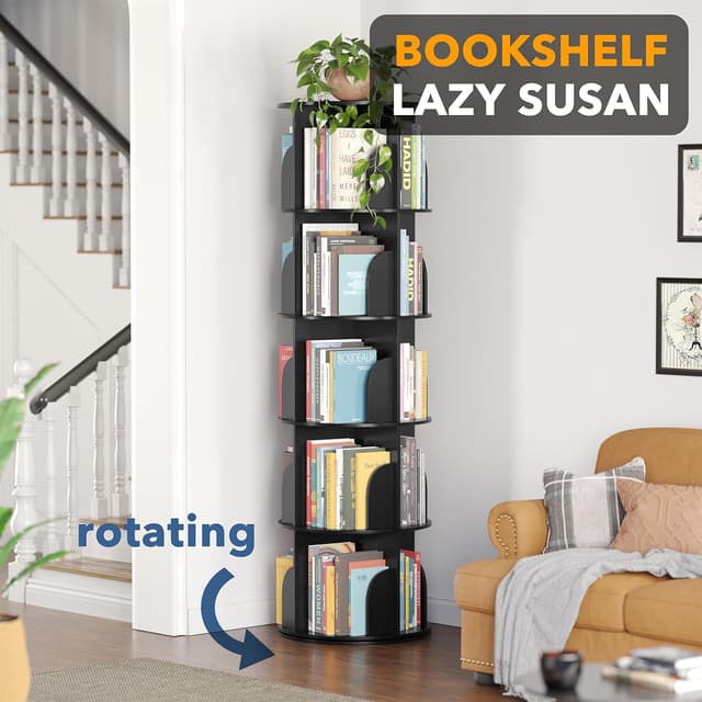 Detalle de SpaceAid 5-Tier Rotating Bookshelf Tower (Lazy Susan Spinning Bookcase) in Black