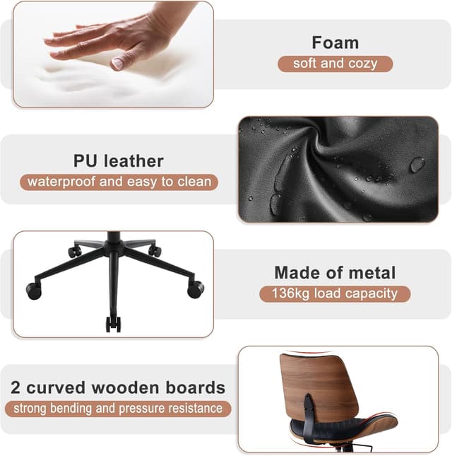 Detalle de BERYTH Bürostuhl ohne Armlehne mit Leder-Optik, Holz-Panel und Wippfunktion (bis 136 kg), 360° drehbar – Schwarz