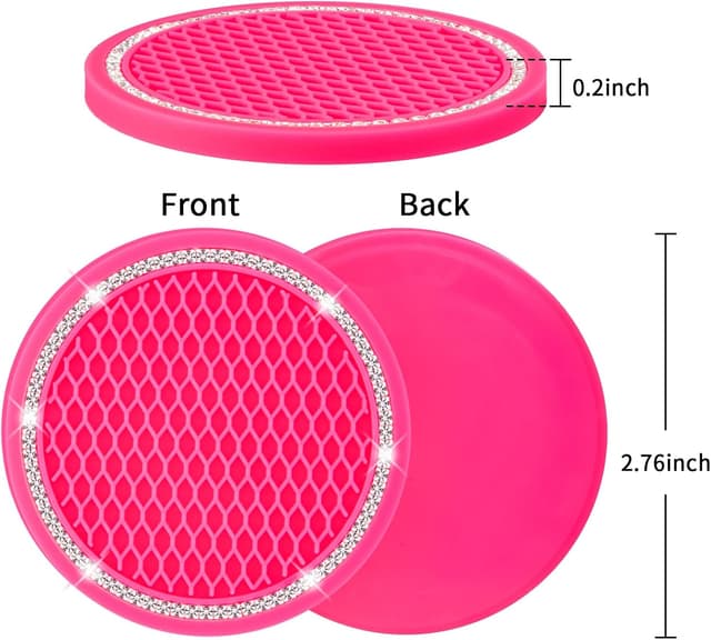Thumbnail 6 de COCASES Car Coasters (4-Pack) 2.75" Silicone Rhinestone Cup Holder Coasters – Hot Pink & White Crystal Circle