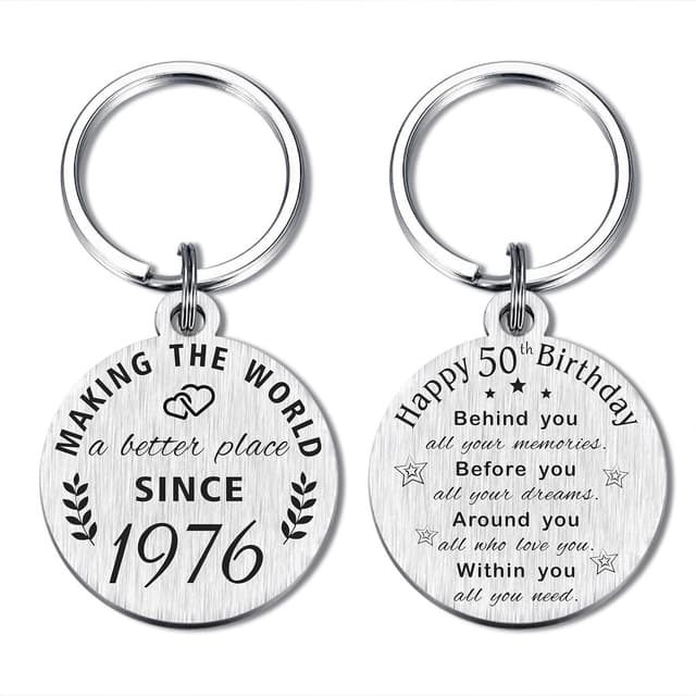 Detalle de ABBNT 50th Birthday Keychain for 1976 Birthdays – Stainless Steel Laser Engraved Keepsake Pendant