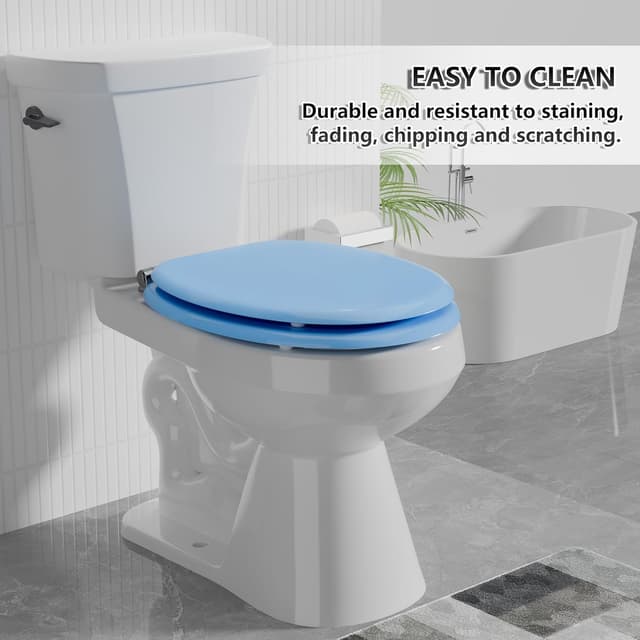 Detalle 2 de Angel Shield Wooden Toilet Seat with Adjustable Soft Close Hinges (Blue) – Quick Release & Removable Lid