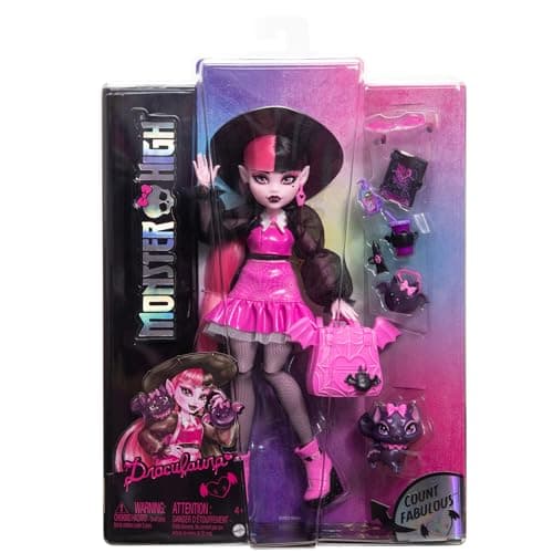 Detalle 2 de Monster High Fabulosa Draculaura con mascota Count Fabulous (Mattel HRP64) muñeca articulada y set de moda con accesorios