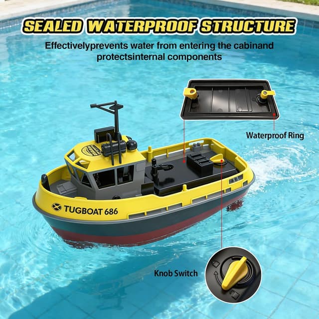 Detalle de tech rc 1:72 ferngesteuertes Tugboat mit 2 Akkus, 2,4 GHz RC-Boot (Gelb)