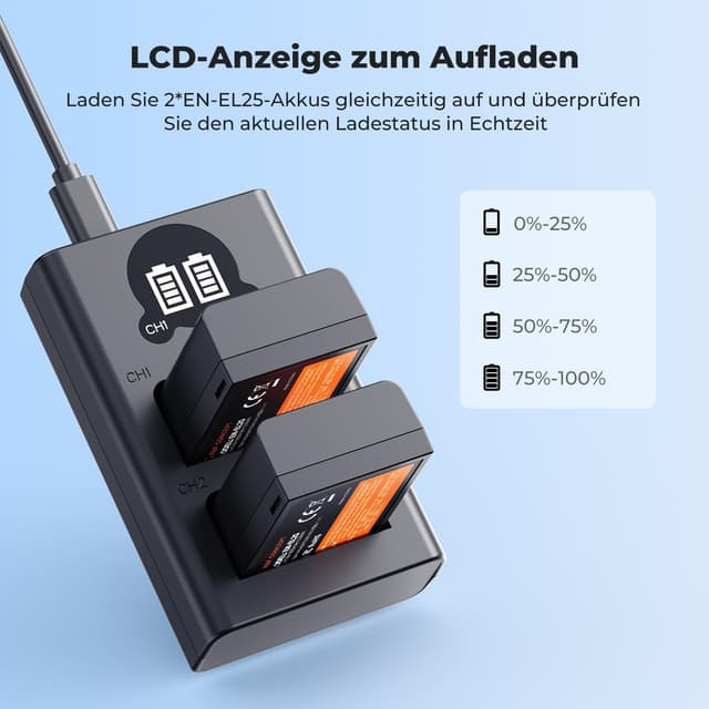 Detalle 2 de K&F CONCEPT EN-EL25 2er-Ersatzakku-Set inkl. Dual-Slot-Ladegerät mit LCD für Nikon Z30, Z50, ZFC & Z50ii