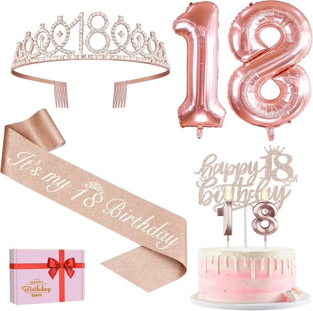 Detalle de 18th Birthday Decorations for Girls Set – Rose Gold 18 Tiara & Sash, Cake Topper, Candles, 18 Balloons