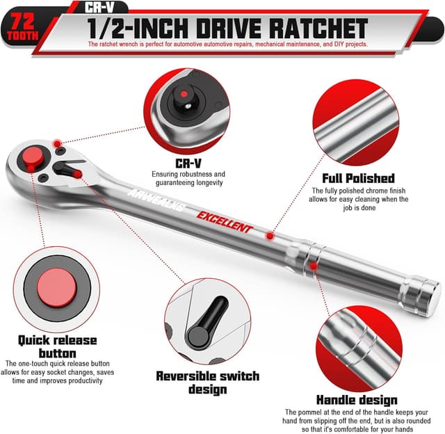 Detalle 2 de Arwealxs Chiave a cricchetto reversibile 1/2" da 280 mm con impugnatura a cricchetto e 72 denti