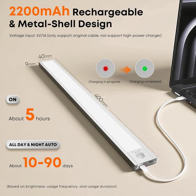 Detalle de Schrankbeleuchtung LED Unterbauleuchte mit Bewegungsmelder (40 cm) – 1 Stück, aufladbar & magnetisch