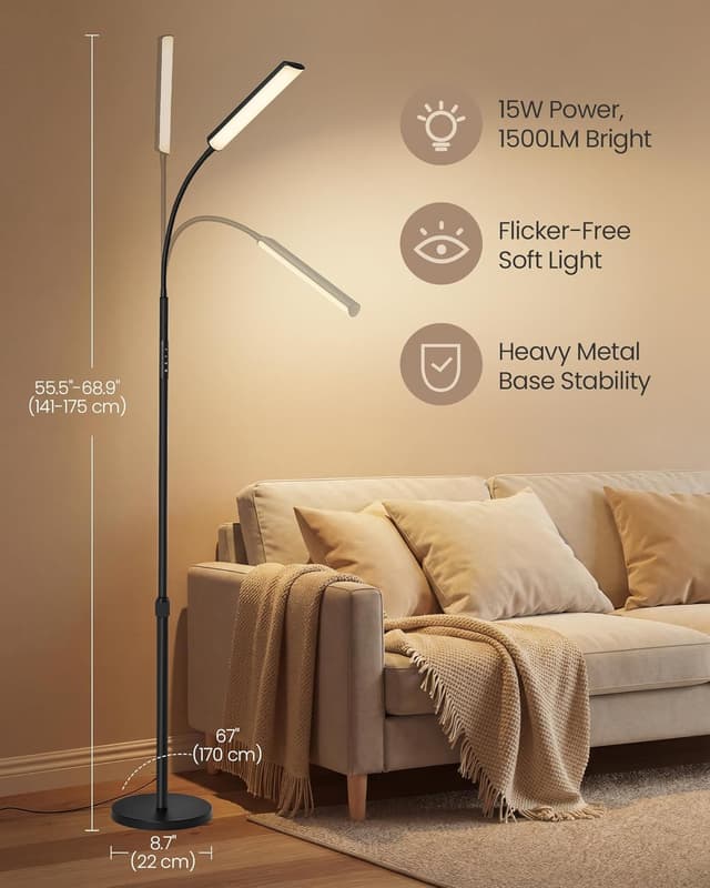 Detalle de VasAGLE LED Floor Lamp LFL007BD03 with adjustable height, 360° head, timer & remote
