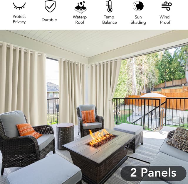 Detalle de Deconovo Gardinen Outdoorvorhänge mit Ösen, wetterfest & wasserdicht (2er-Set) 214x132 cm, Hellbeige