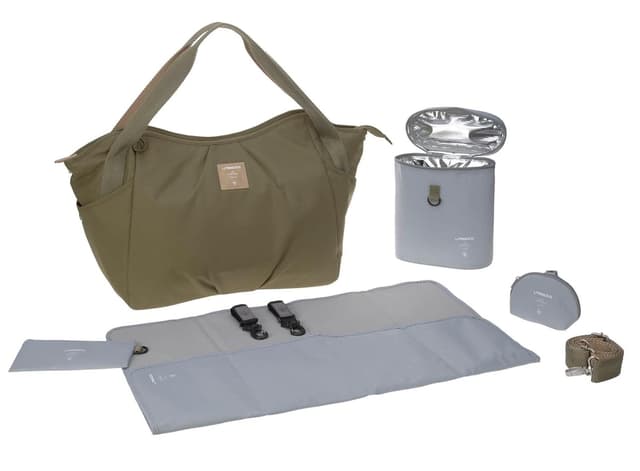 Detalle de LÄSSIG Baby Zwillingswickeltasche Green Label Twin Bag Triangle olive – inkl. Wickelzubehör