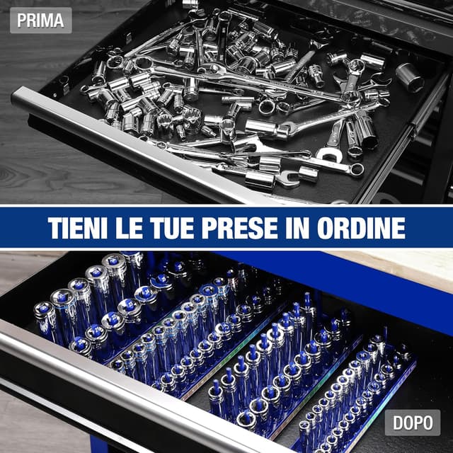 Detalle de WORKPRO Porta Bussole per prese metriche fino a 94 pezzi (1/4, 3/8, 1/2) con vassoio portaprese e fori