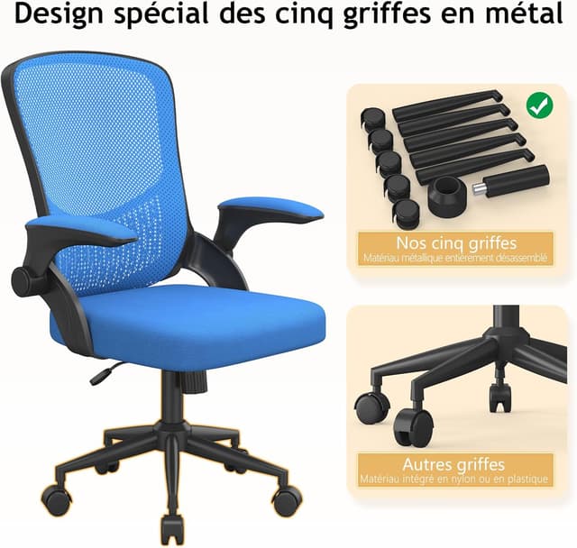 Detalle de naspaluro Chaise de bureau ergonomique pivotante 360° avec accoudoirs rabattables et soutien lombaire, bleu noir