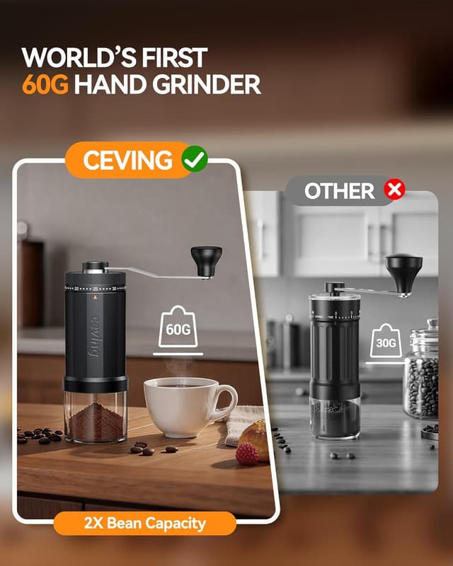 Detalle 2 de CEVING Erste 60g Handkaffeemühle mit 40 Mahl-Einstellungen (Edelstahl, tragbar)