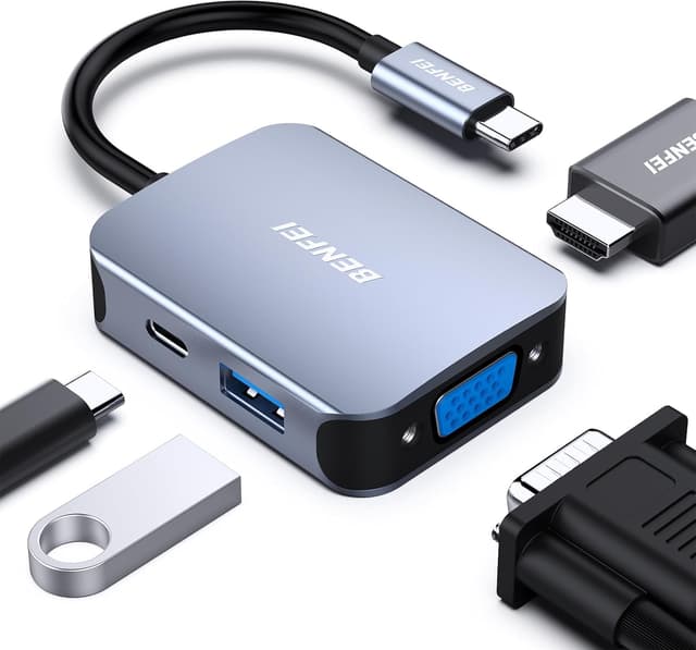 Detalle de BENFEI Hub USB-C 4in1 con HDMI 4K, VGA e USB 3.0 fino a 5 Gbps + Power Delivery 60W (grigio)