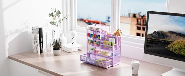 Detalle de Marbrasse Organizer Scrivania in Rete con scomparti inclinabili e cassetto, viola