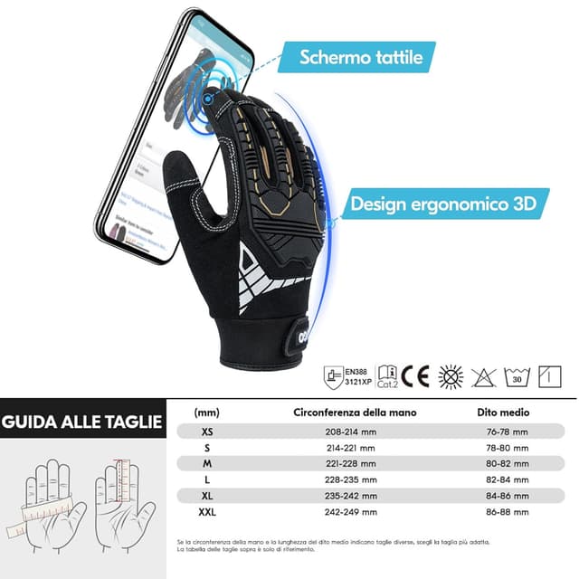 Detalle de Vgo... Guanti da lavoro uomo antivibrazione e antiurto in pelle (1 paio) per edilizia, decespugliatore e lavori pesanti