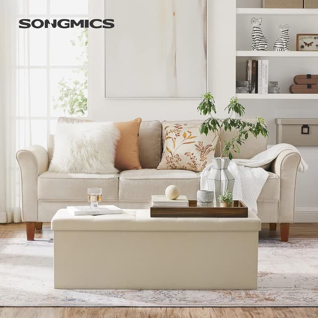 Detalle 2 de SONGMICS MAZIE LSF77BE cassapanca pouf contenitore pieghevole 38 x 110 x 38 cm bianco crema, portata 300 kg