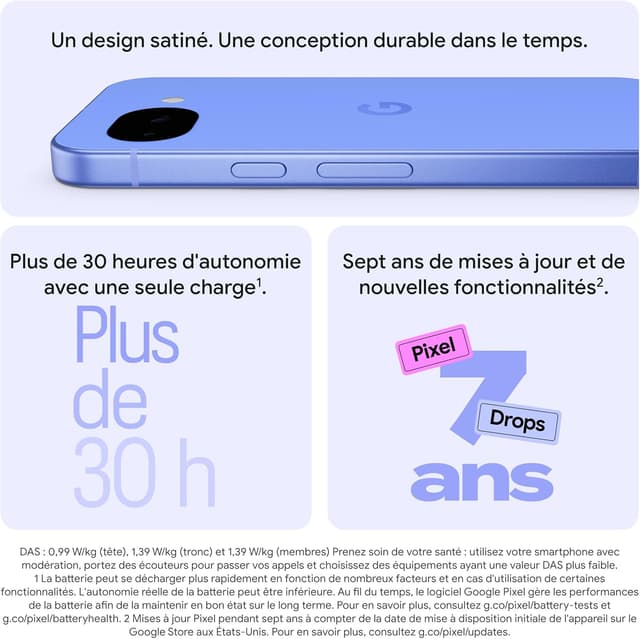 Detalle de Google Pixel 10a 256GB (Lavande) — 30+ heures d’autonomie, Photo & Gemini Live