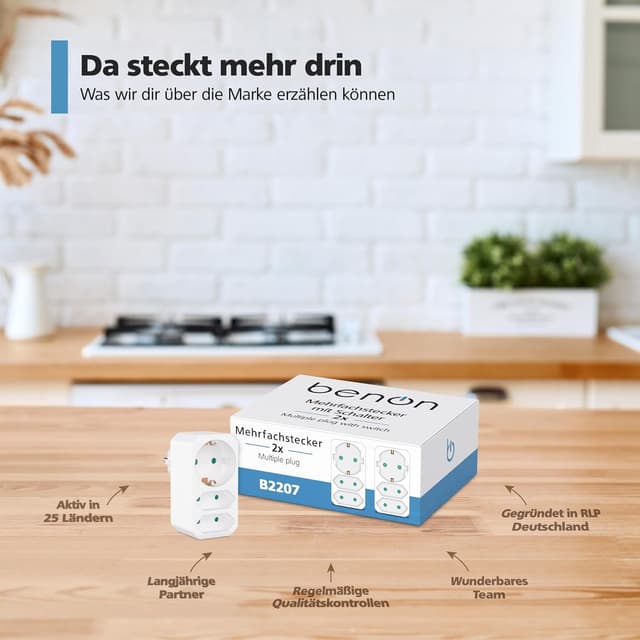 Thumbnail 6 de benon 2er-Set Mehrfachstecker weiß mit Kindersicherung – 2 Euro + 1 Schuko, bis 3 Geräte