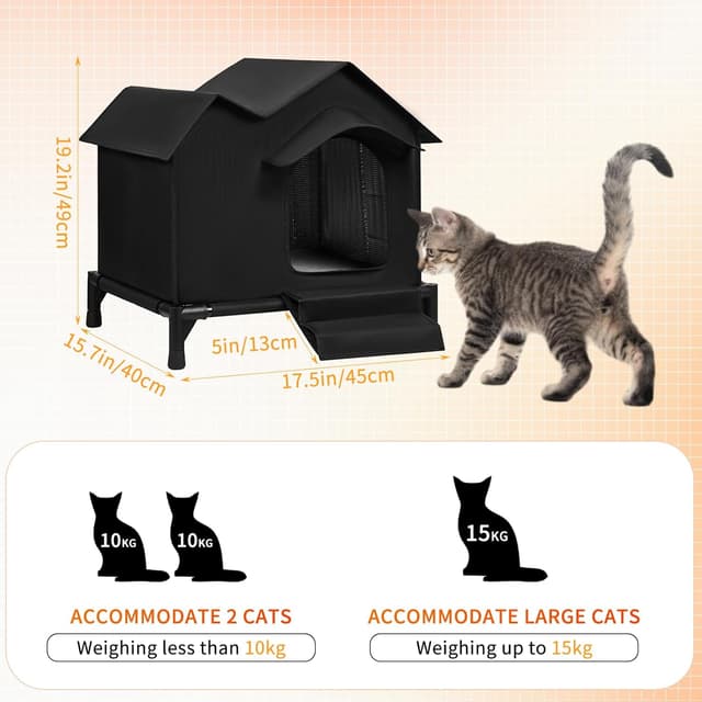 Detalle 2 de Large Outdoor Elevated Double-roof Waterproof Cat House with Stairs, Winter & Summer Weatherproof Warm Shelter (Black)